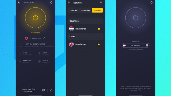 CyberGhost VPN screenshots showing the user connected to a server, choosing a server, and disconnecting.