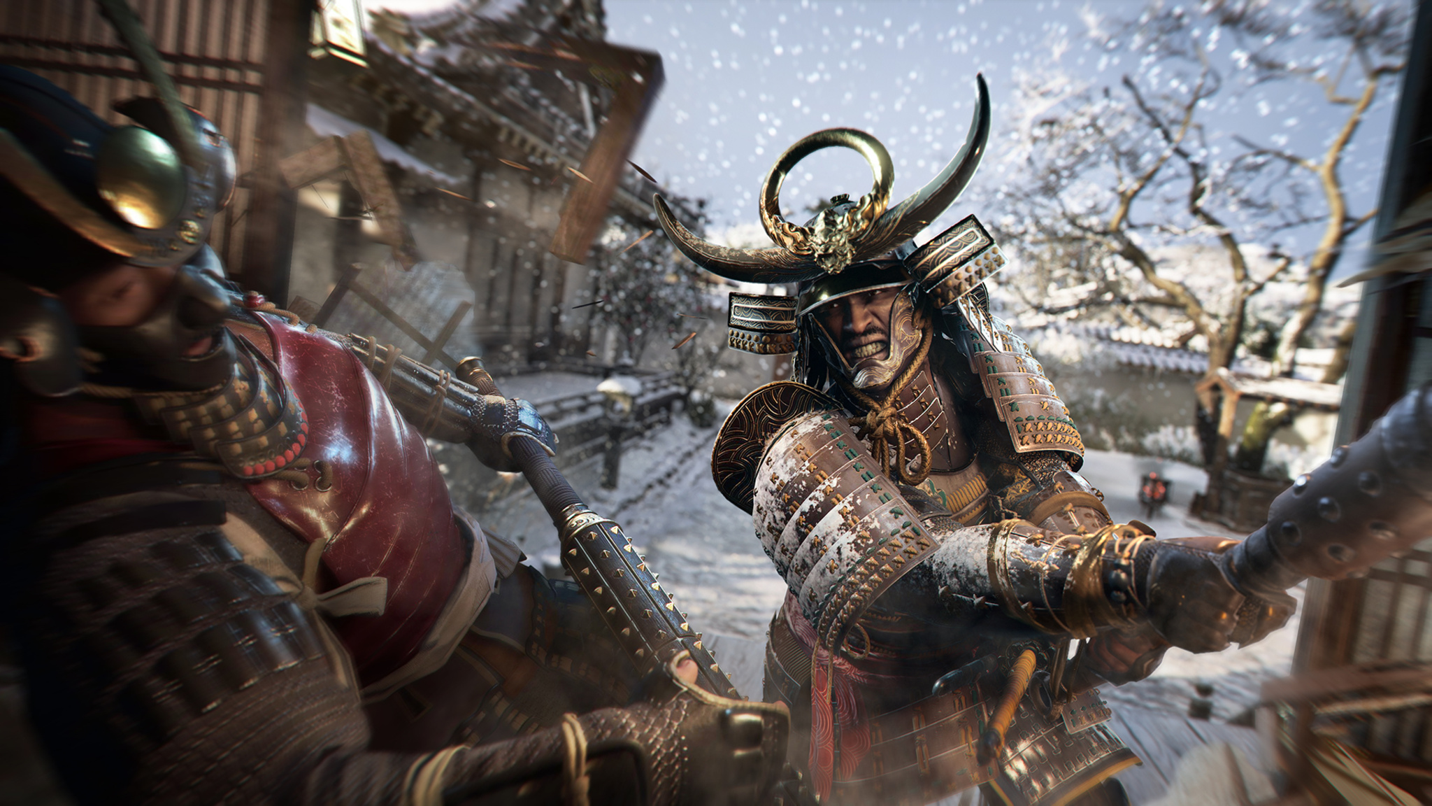 In this screenshot from Assassin’s Creed Shadows, the fearsome warrior Yasuke battles an opponent with a large club in the courtyard of a snowy Japanese temple.