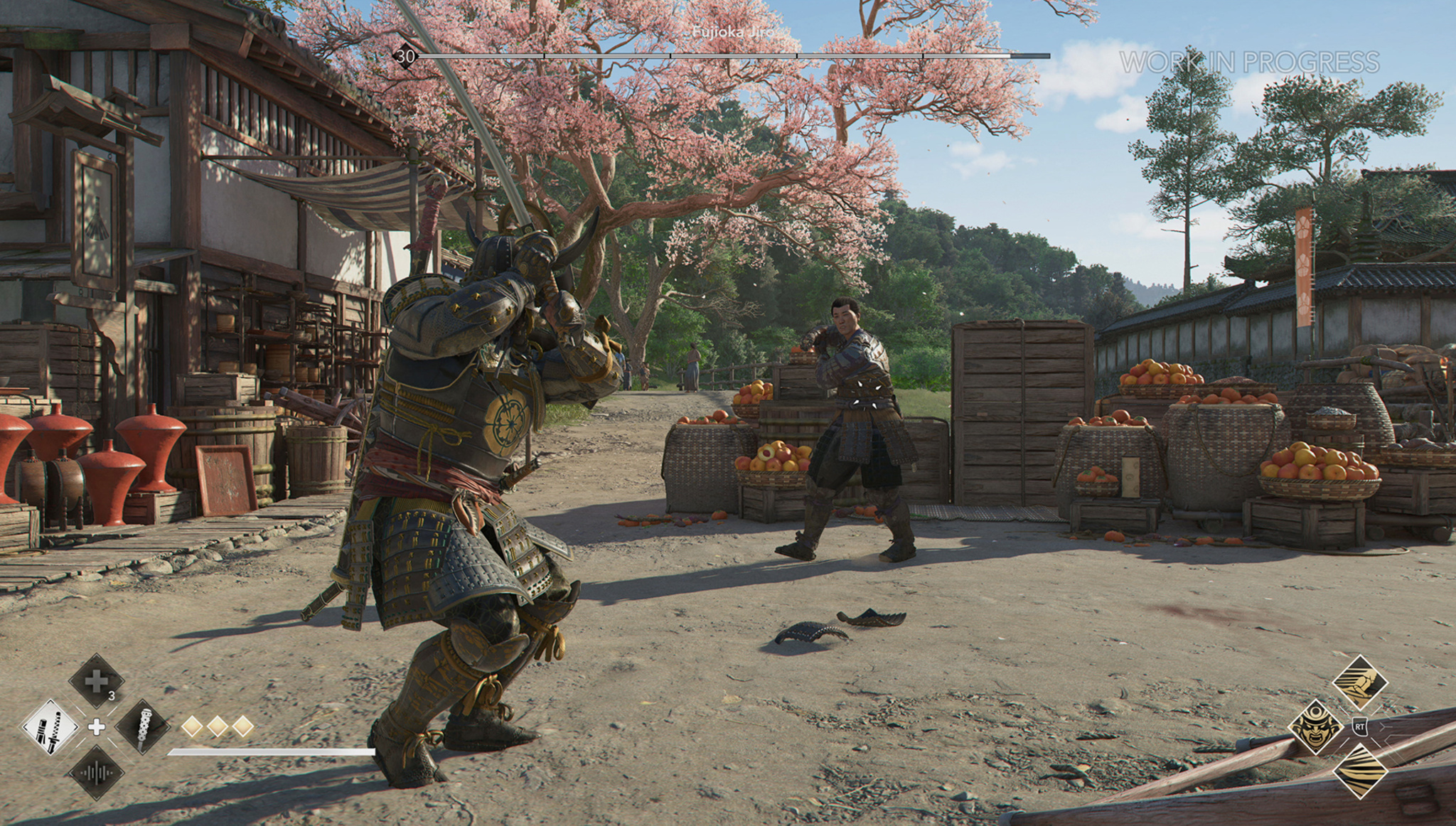 In this screenshot from Assassin’s Creed Shadows, Yasuke prepares to take on an opponent in an outdoor market.