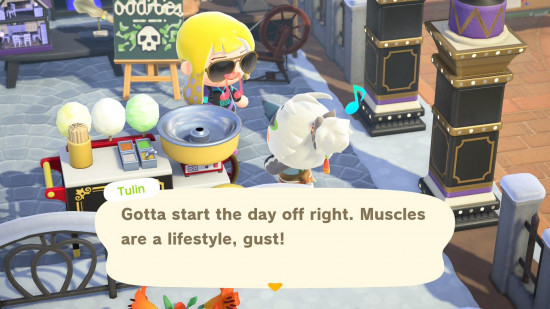 animal crossing 3.0 update - a villager talking to Tulin about muscles