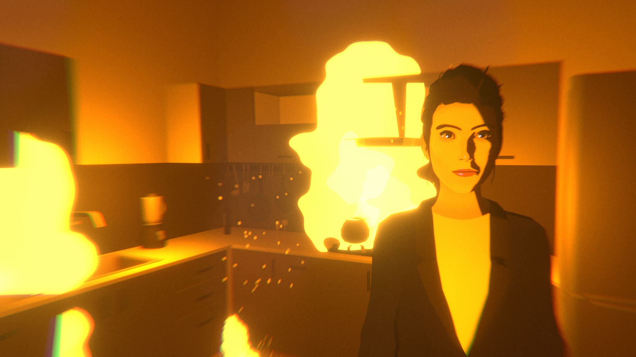 In this screenshot from The Wreck, the main character, Junon, walks away from a kitchen that's on fire. Behind her, flames erupt from the stove and sink area.