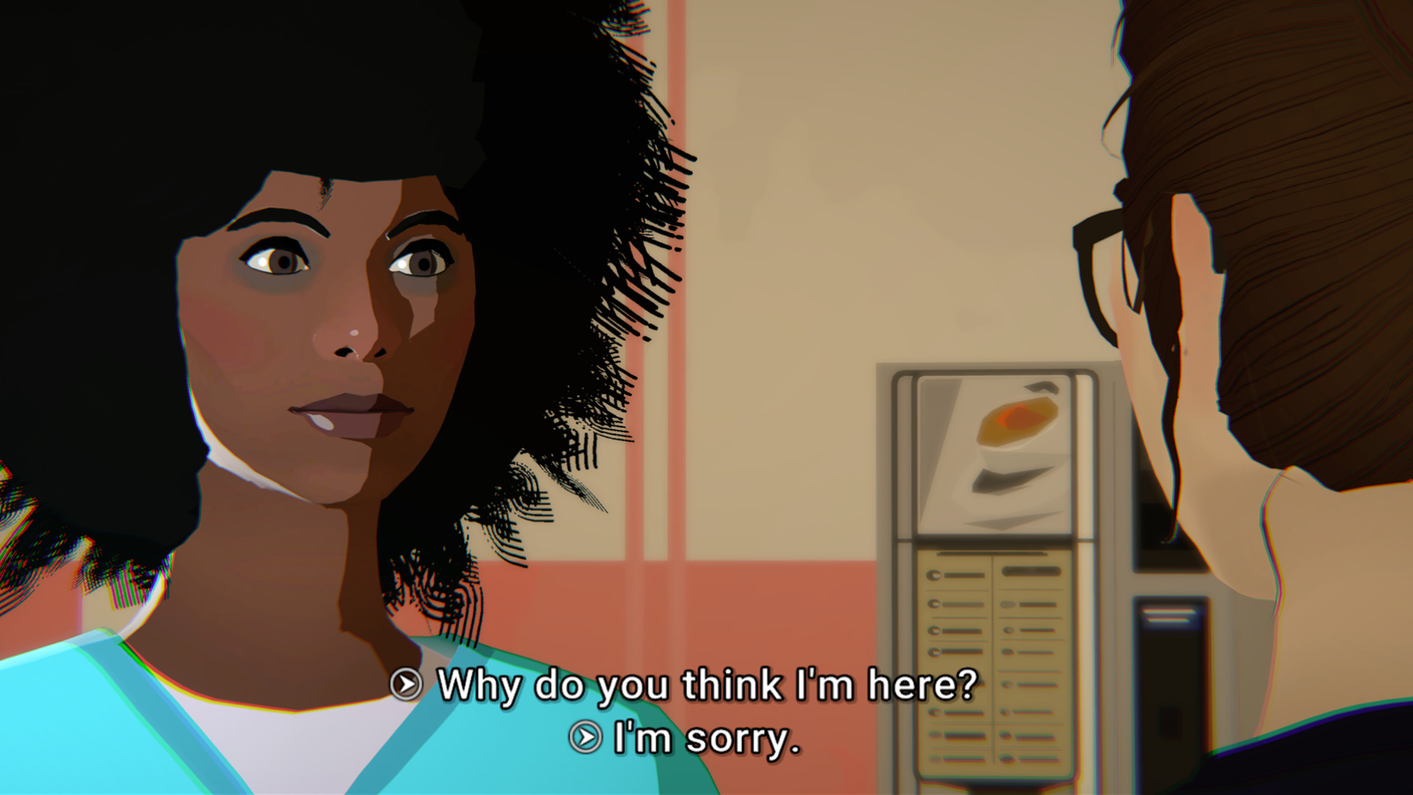 In this screenshot from The Wreck, a nurse with black hair wearing blue scrubs talks to the main character, Junon, in a hospital hallway. Dialogue on the screen says, "Why do you think I'm here?" "I'm sorry."