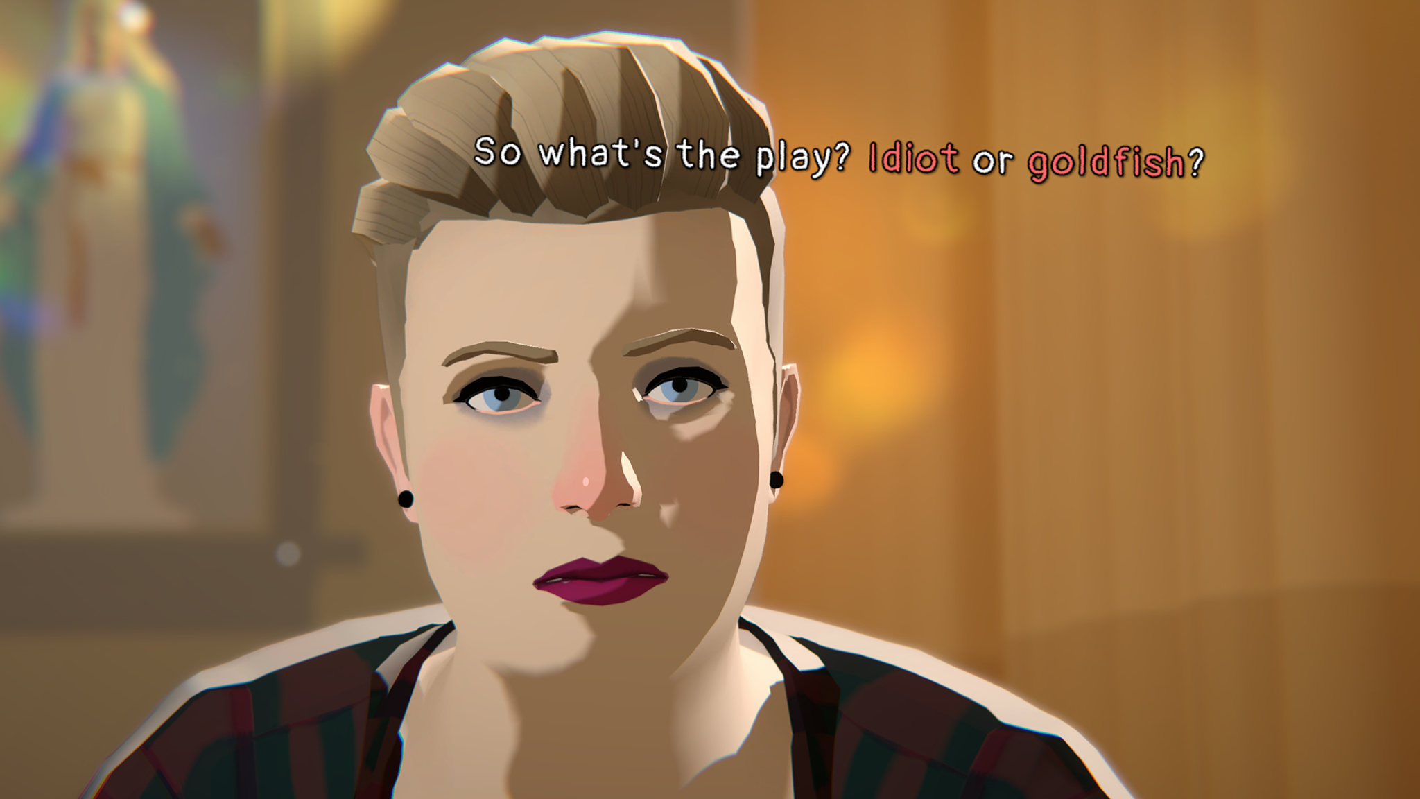 In this screenshot from The Wreck, a woman with short blonde hair is sitting in a softly lit room. She is saying, "So what's the play? Idiot or goldfish?"