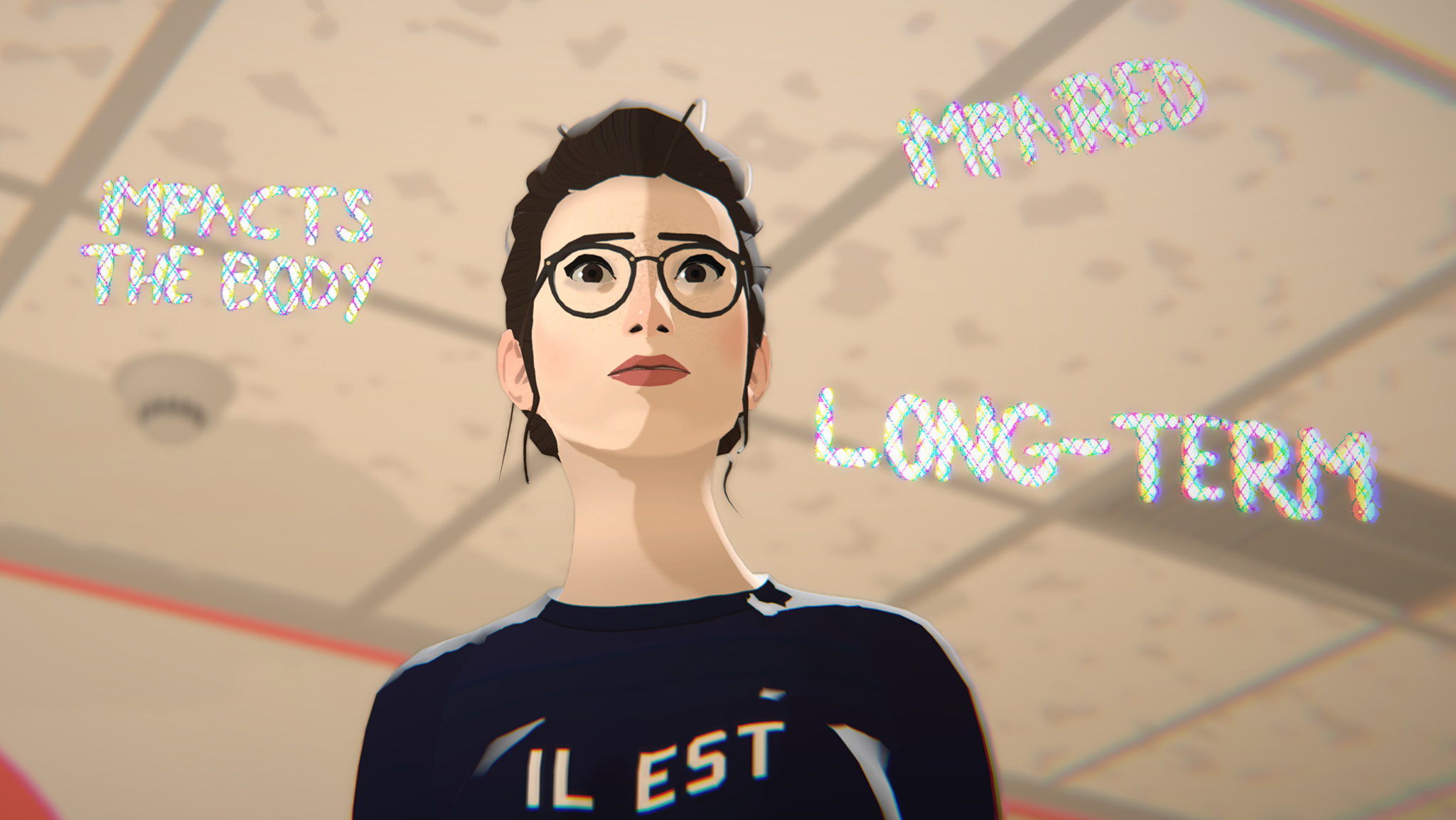 The main character of The Wreck, a writer named Junon, is seen in animated form standing in a hospital hallway. She is wearing a black sweatshirt and black rimmed glasses. Three shimmering phrases float in the air around her: "impacts the body," "impaired," and "long-term." 