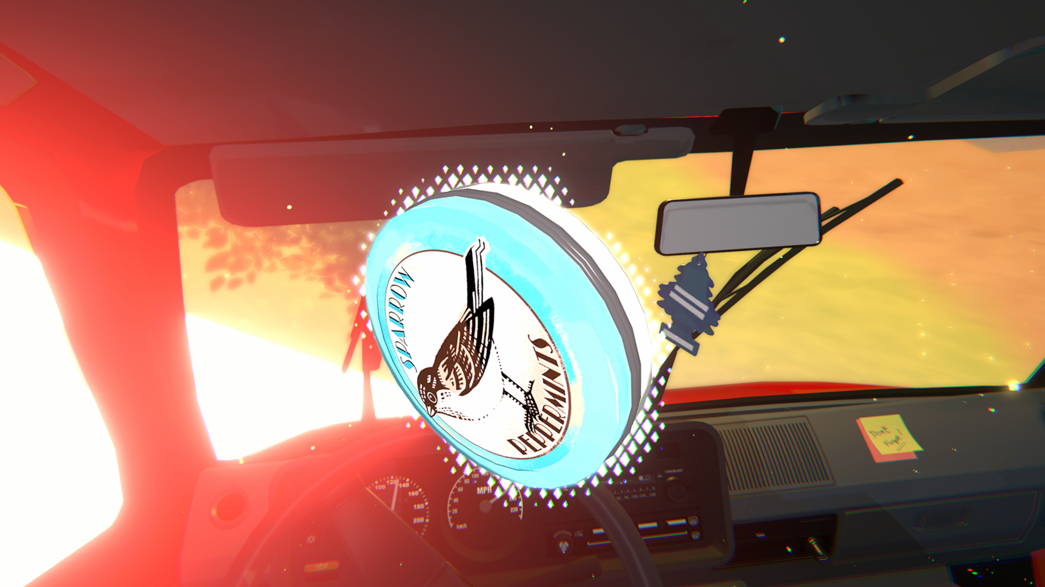 This screenshot from The Wreck depicts a car accident taking place from inside the vehicle. A blue tin labeled "Sparrow Peppermints" is flying through the air. Outside the windshield, the bright light of a fire can be seen.