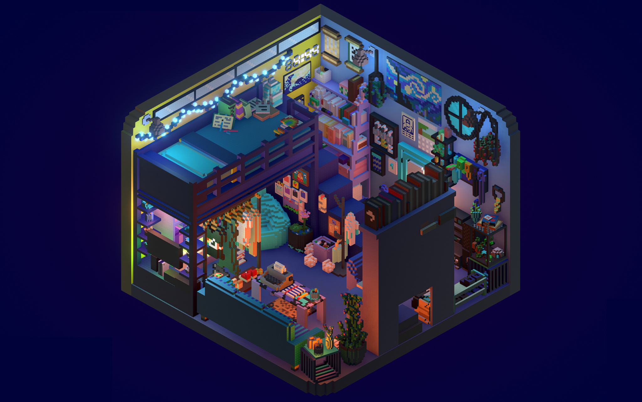 A screenshot from Rooms, showing a cluttered dorm room in voxel-art style. A loft bed, bookshelf, and assorted books and decorations can be seen in the room.