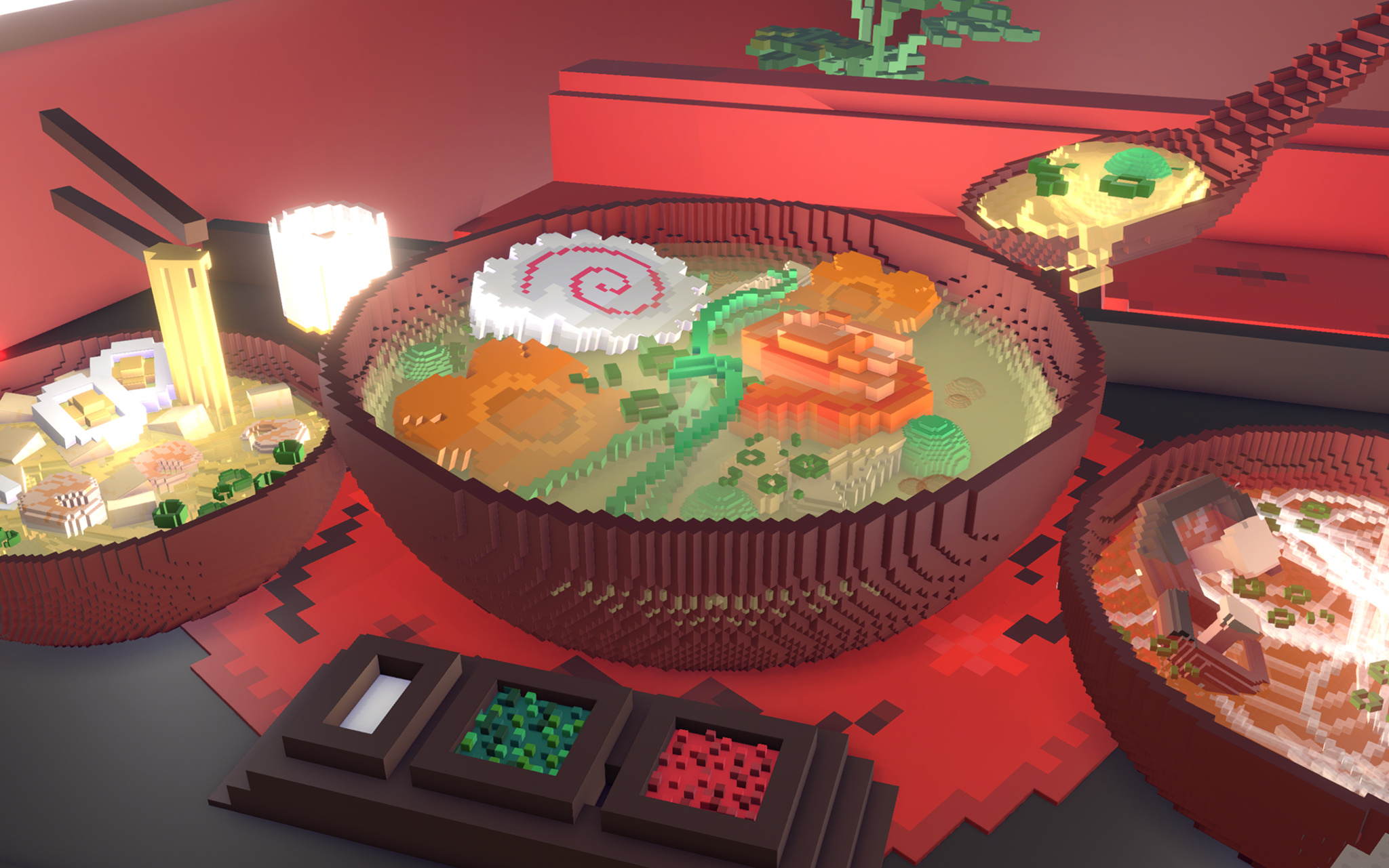 A screenshot from Rooms, showing a bowl of ramen on a table in a restaurant. Around it are other bowls and a tray of toppings.