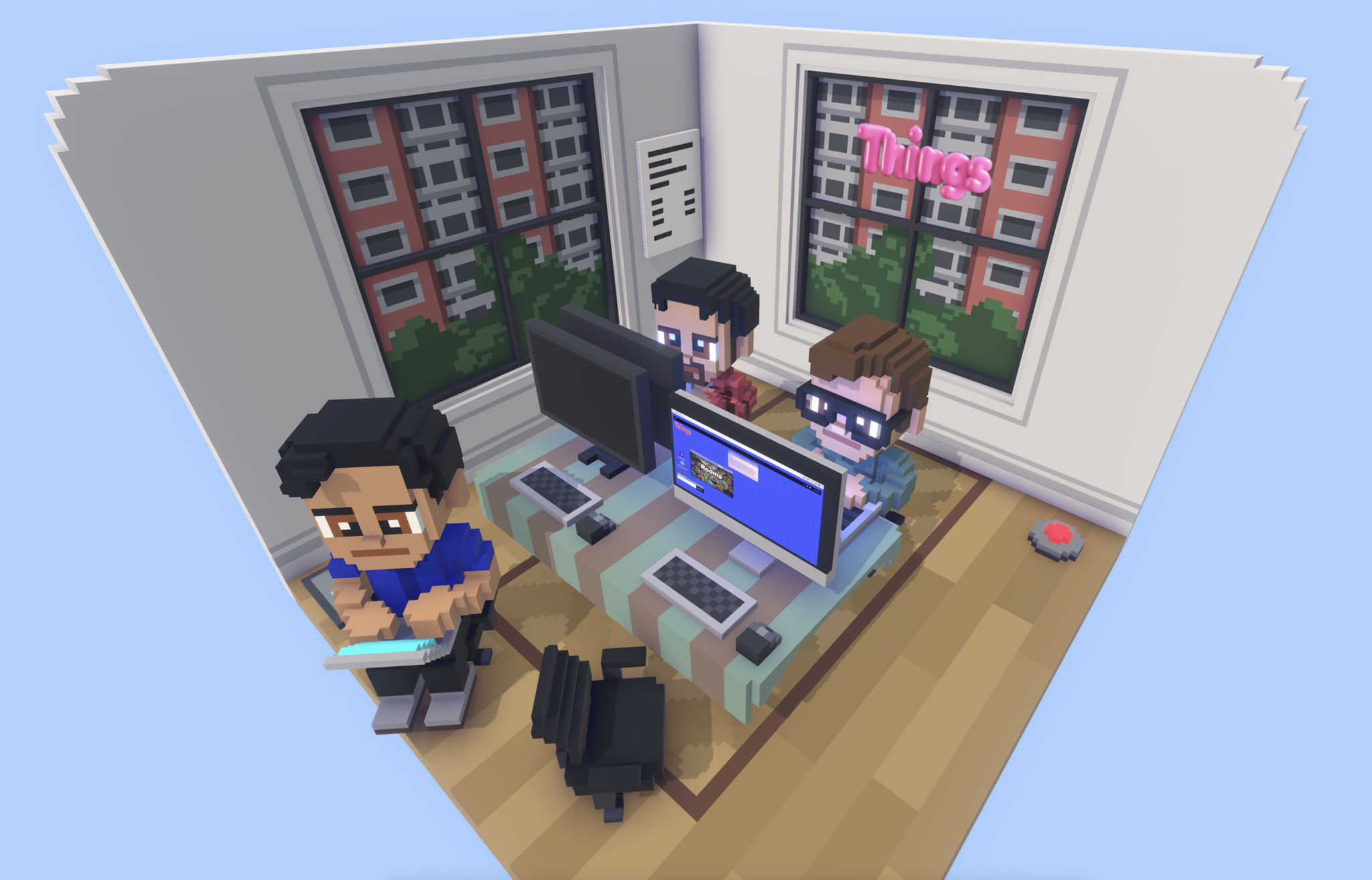 A rendering of the Things, Inc., offices in Rooms style. In the illustration, three voxel-art people sit at computers in a corner offices with windows overlooking a city.