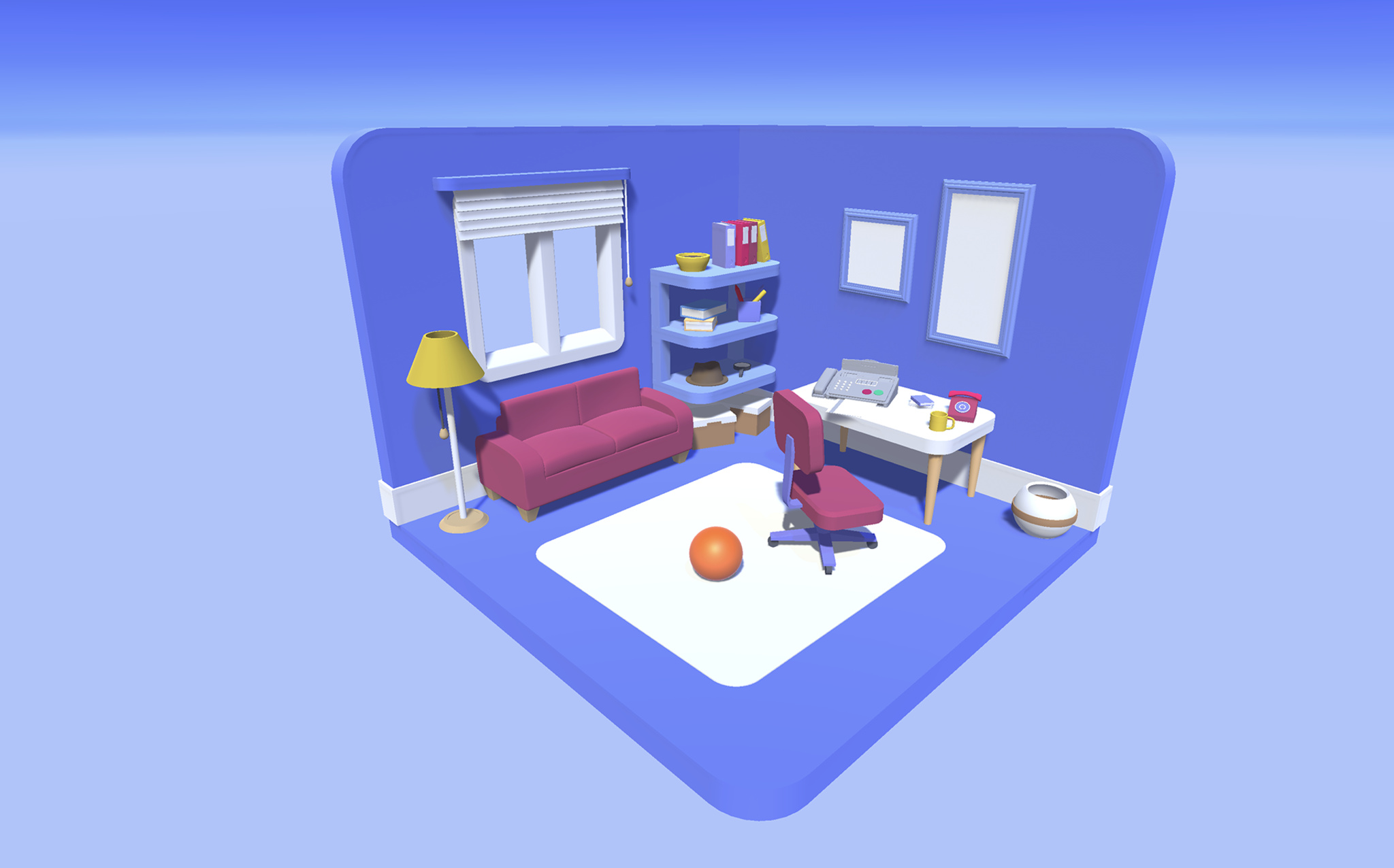 An early prototype of Rooms that shows a corner living room with blue walls and a blue floor. An orange ball sits on the floor, and a purple couch and lamp with yellow shade can be seen.