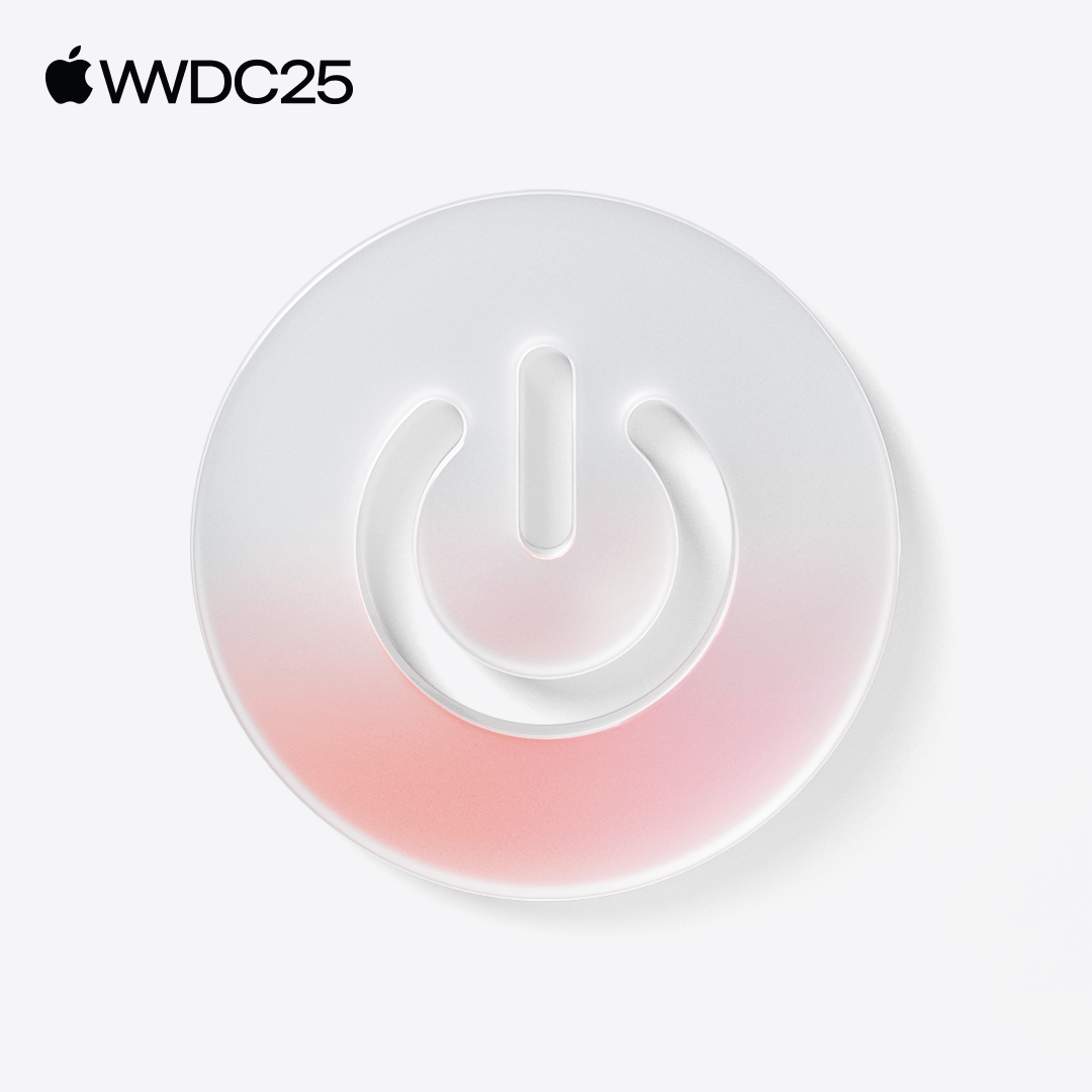 The cover of the WWDC25 Power Up playlist, showing a power button in the new Apple design with light red highlights. The words WWDC25 are in the top left corner. 