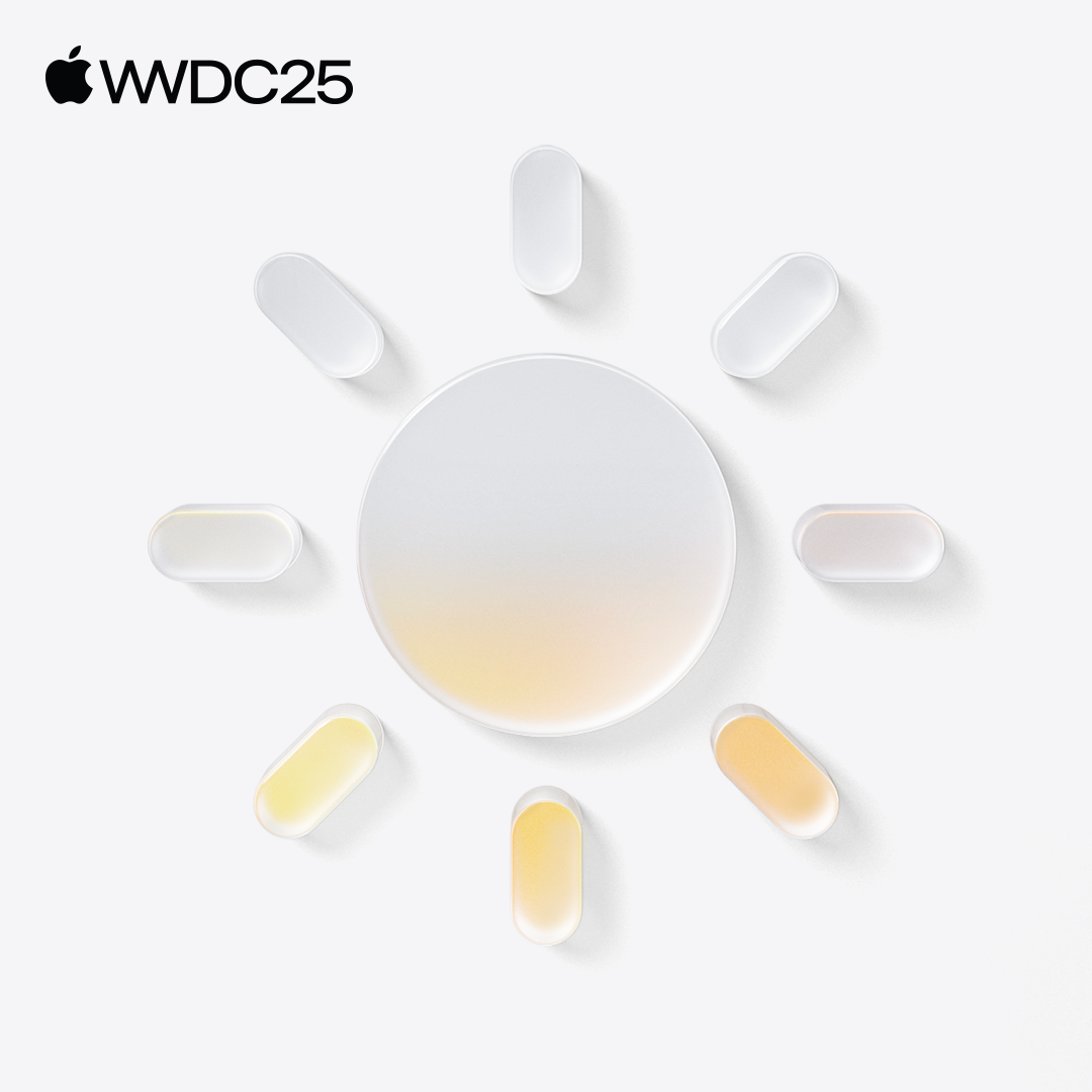 The cover of the WWDC25 Sunshine playlist, showing the icon of a sun in the new Apple design with yellow highlights. The words WWDC25 are in the top left corner. 