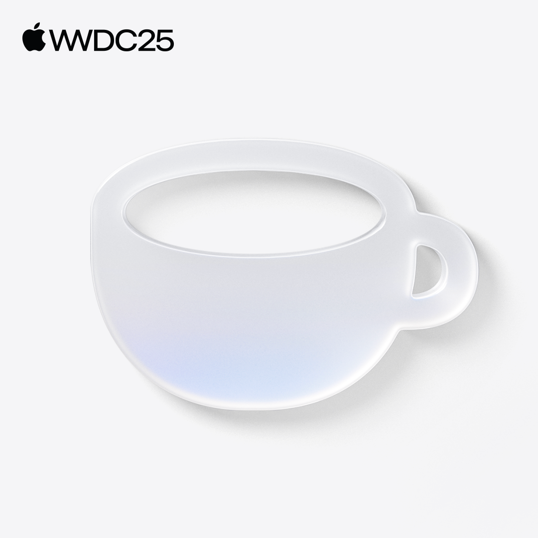 The cover of the WWDC25 Coffee Shop playlist, showing the icon of a coffee mug in the new Apple design with light blue highlights. The words WWDC25 are in the top left corner. 