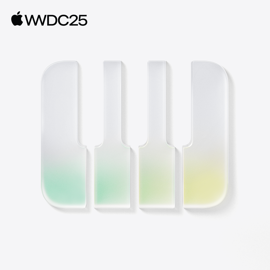 The cover of the WWDC25 Jazz playlist, showing the icon of a piano whose keys have green and yellow highlights. The icon is in the new Apple design. The words WWDC25 are in the top left corner. 