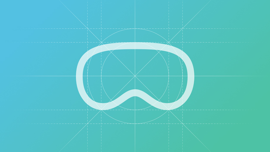 A symbol showing the outline of an Apple Vision Pro over schematic lines on a teal background.
