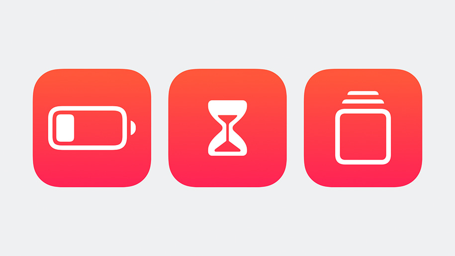 Three icons representing battery level and energy use set against a white background.