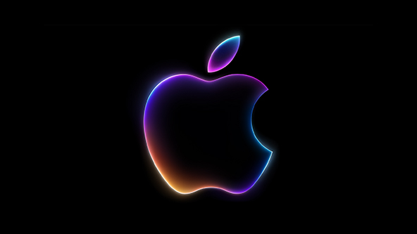 A black Apple logo with glowing orange, purple, and blue edges, set against a black background.