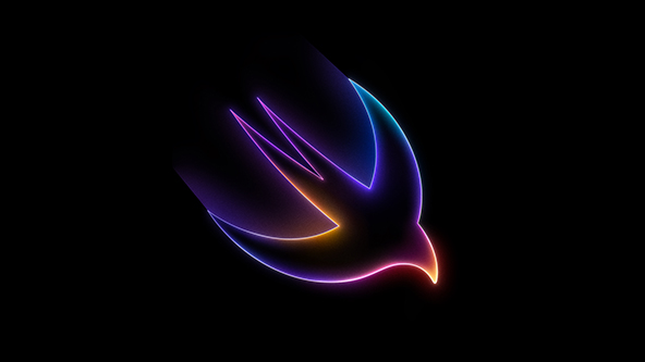 A Swift logo with glowing orange, purple, and blue edges, set against a black background.