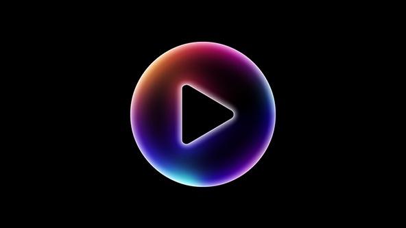 A play button with glowing orange, purple, and blue edges, set against a black background.
