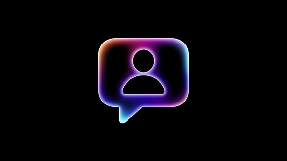 An icon of a person in a speech bubble with glowing orange, purple, and blue edges, set against a black background.