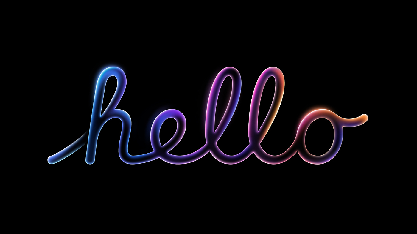 The word “Hello” written in glowing colorful script against a black background.