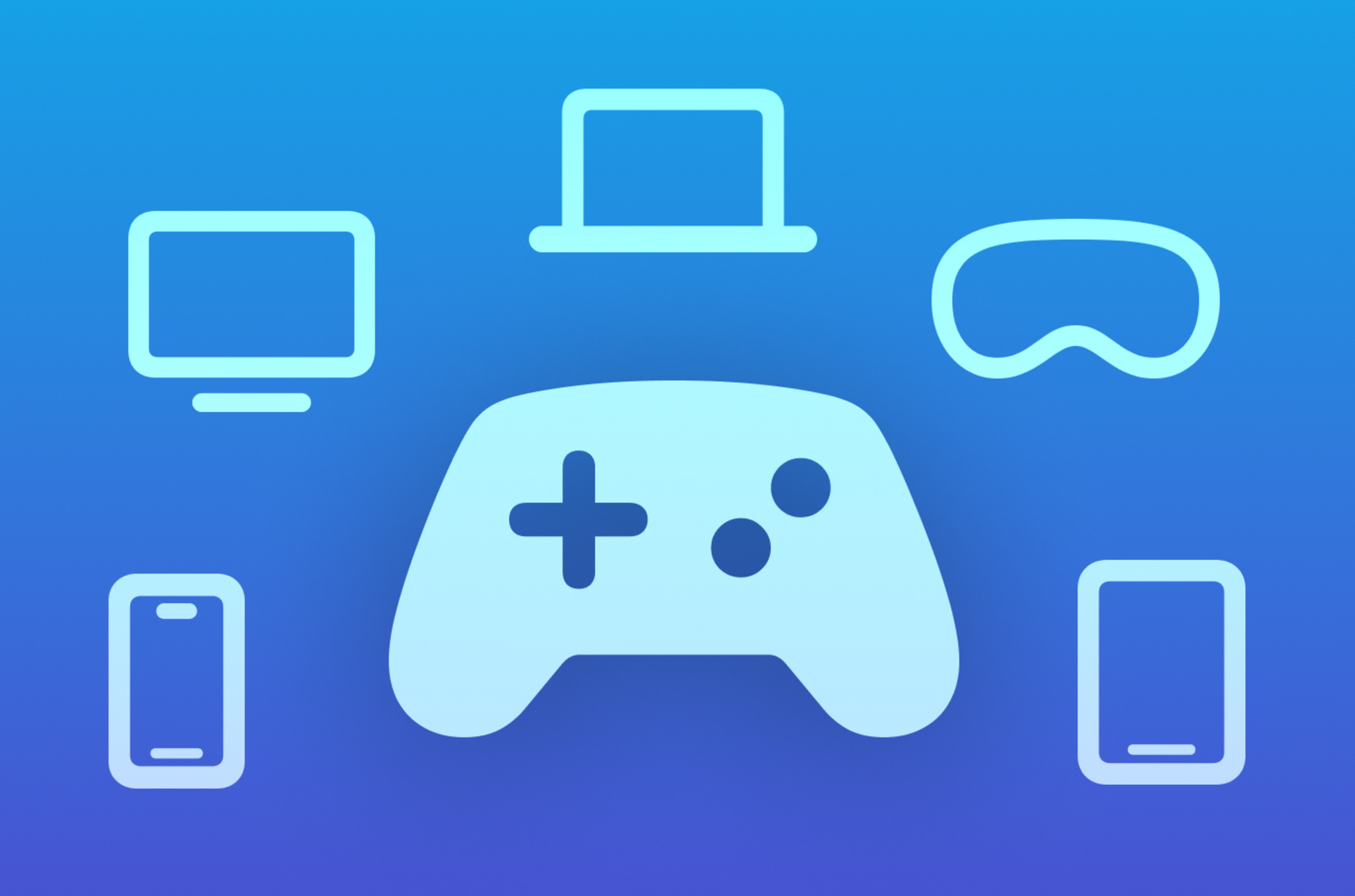 A series of light-blue icons against a darker blue background. The icons include a large game controller, surrounded by a smaller iPhone, iMac, Apple TV, Apple Vision Pro, and iPad.