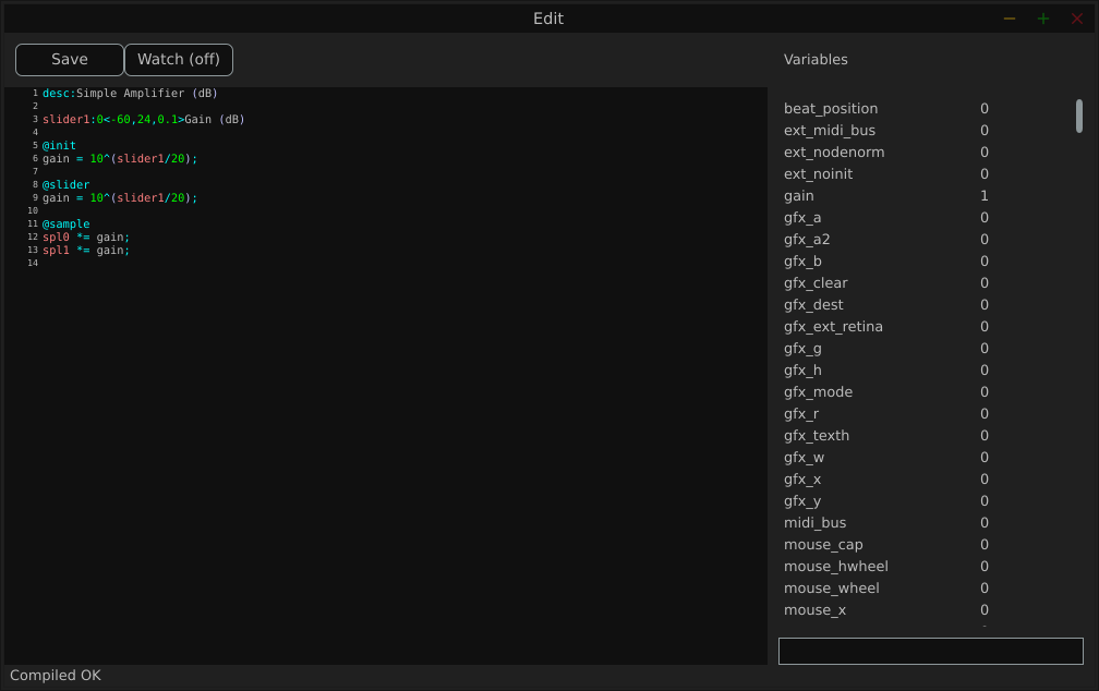 Screenshot of the editor Window opened via the YSFX plugin.