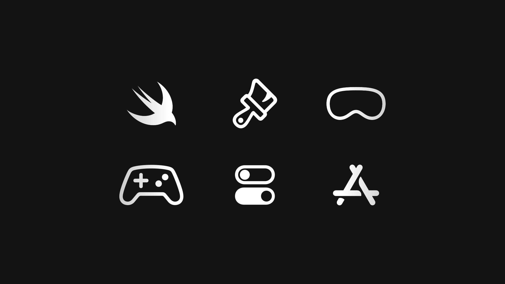 Six icons — a Swift bird, paintbrush, Apple Vision Pro, game controller, toggle, and App Store logo —&nbsp;set against a background. 