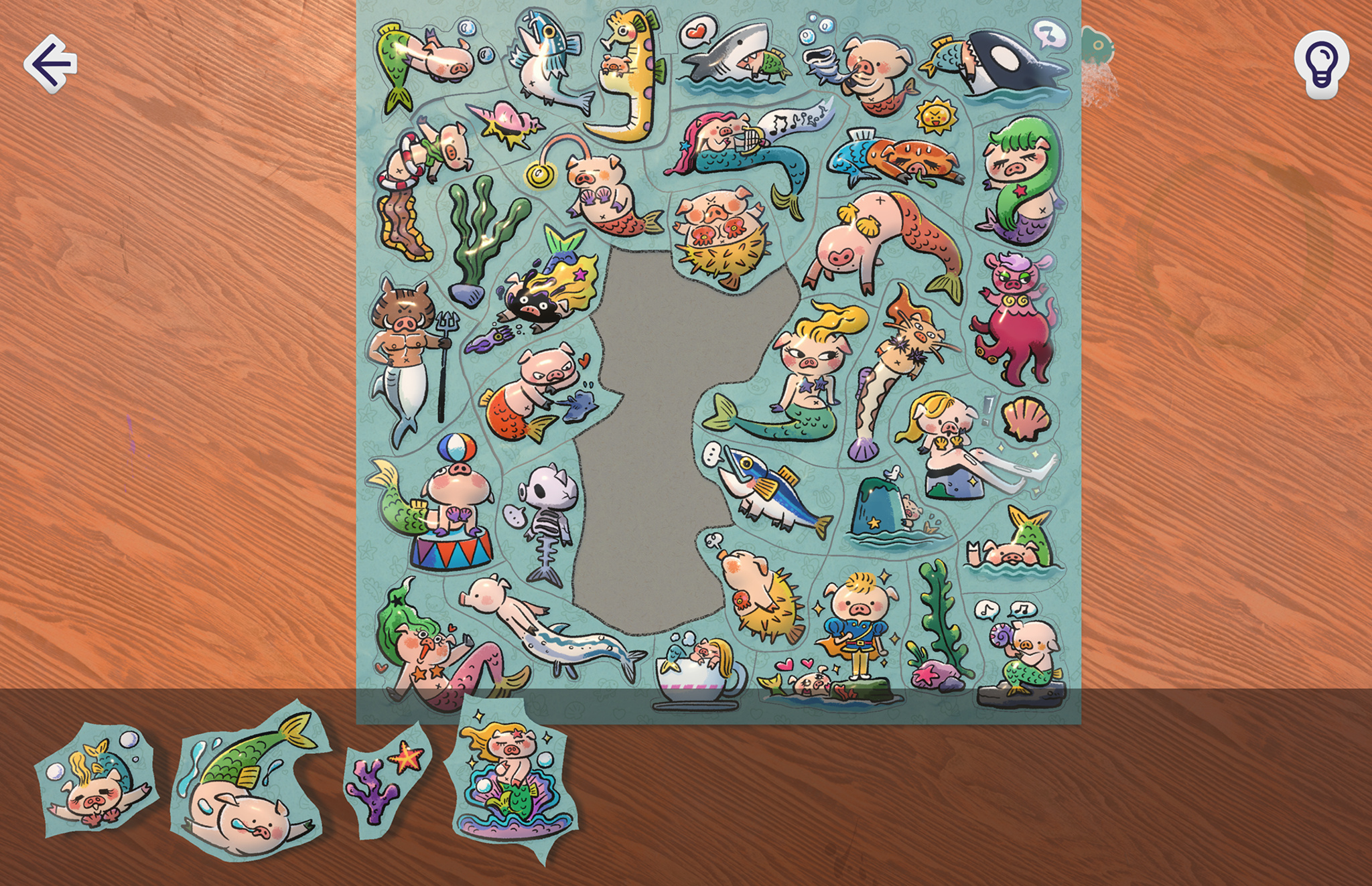 Screenshot of a Puffies sticker album puzzle screen featuring a "Mer-Piggy" ocean-themed collection. A teal sticker board is nearly complete, filled with whimsical pig-mermaid hybrid characters in various underwater scenes. A large gray blob shape in the center indicates empty slots yet to be filled. Four loose stickers — all featuring mermaid-pig characters — sit at the bottom of the screen, waiting to be placed.