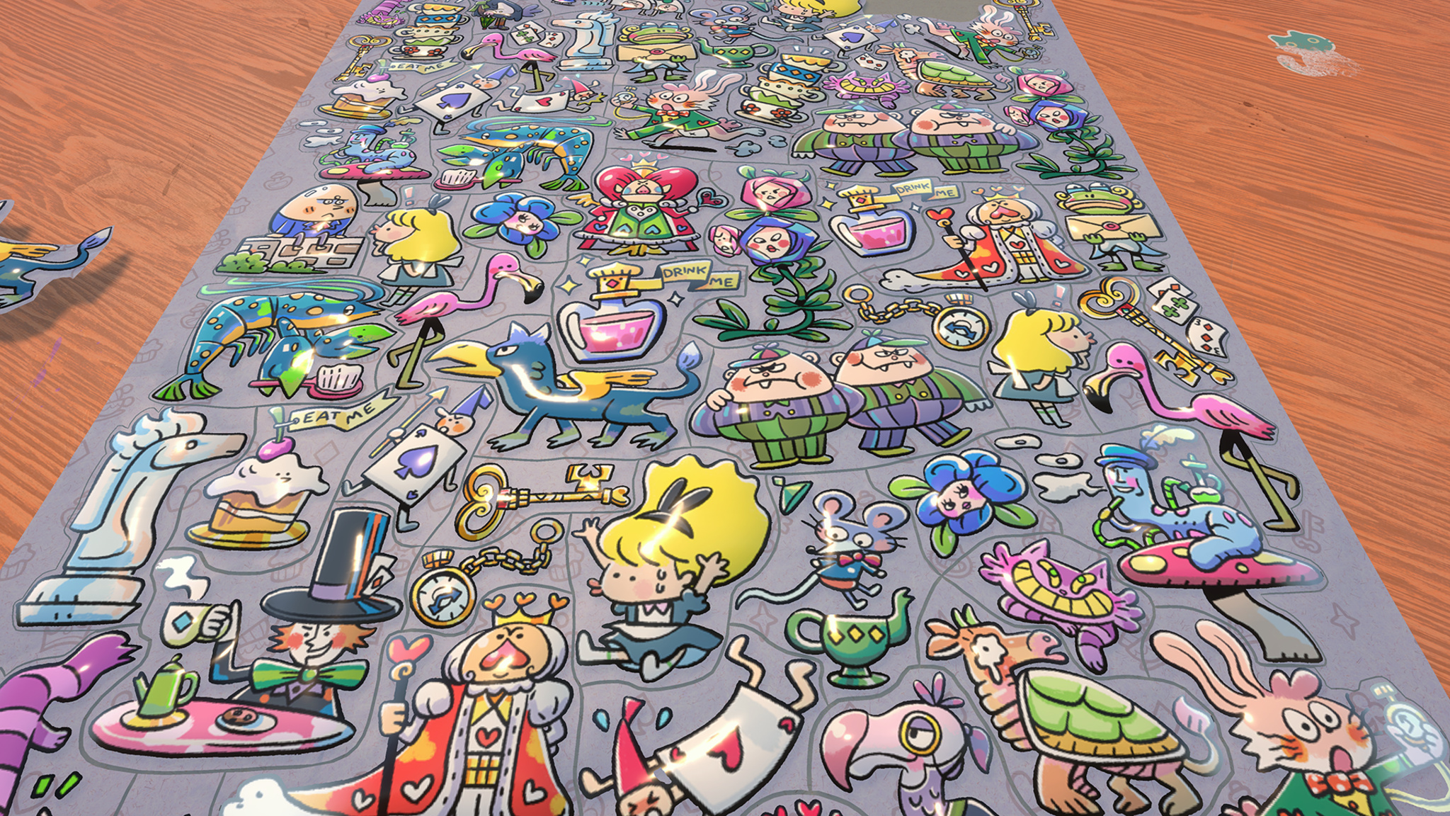A wide-angle view of a fully completed Puffies sticker album page, photographed at a slight angle on a wooden surface. The sheet is densely packed with Alice in Wonderland-themed cartoon stickers on a gray background, featuring characters such as a Mad Hatter, the Queen of Hearts, Tweedledee and Tweedledum, a Cheshire Cat-like creature, flamingos, Alice herself, and various Wonderland props including a "Drink Me" bottle and pocket watches.