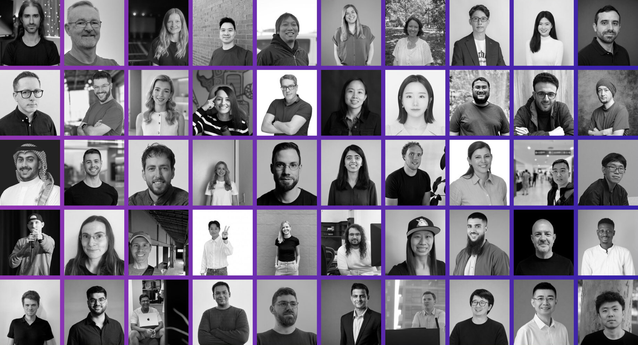 A grid of 20 headshot portraits arranged in four rows, showing a diverse group of people of varying ages, genders, and ethnicities. Each person is photographed against a different background — ranging from plain studio backdrops to outdoor settings and colorful environments — and most are smiling or have a friendly, approachable expression.