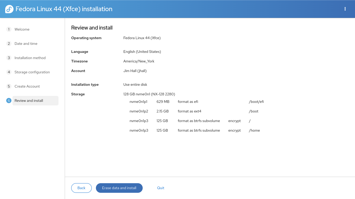 Fedora 44 Xfce install to NVMe. Text reads 'Review and install'