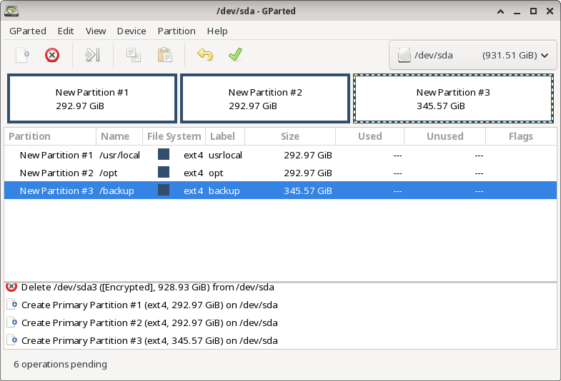 Disk partition app showing 3 new partitions, each about 300 GB