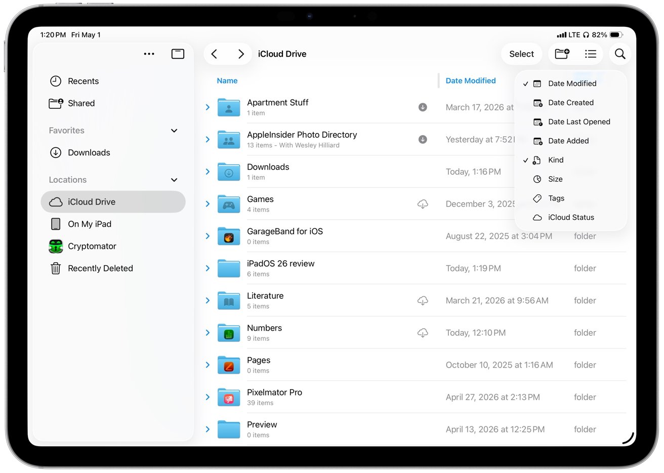 iPad Files app showing iCloud Drive folders in list view, with sidebar locations on the left and a sort options popover open on the right side of the screen