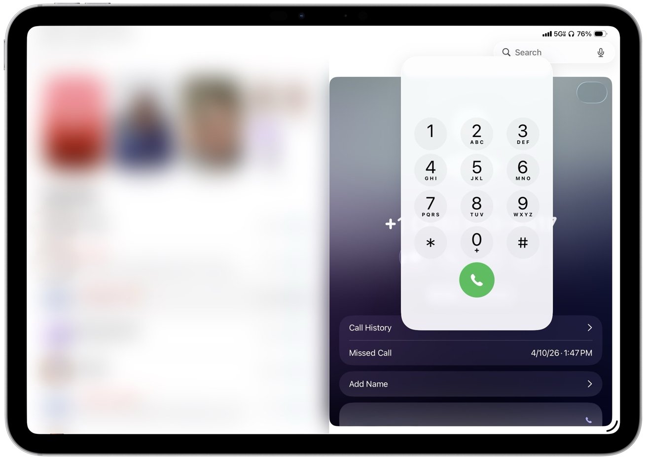 Tablet screen showing a large phone dial pad overlay with numeric buttons and green call button, plus call history, missed call timestamp, and add name options on a blurred background