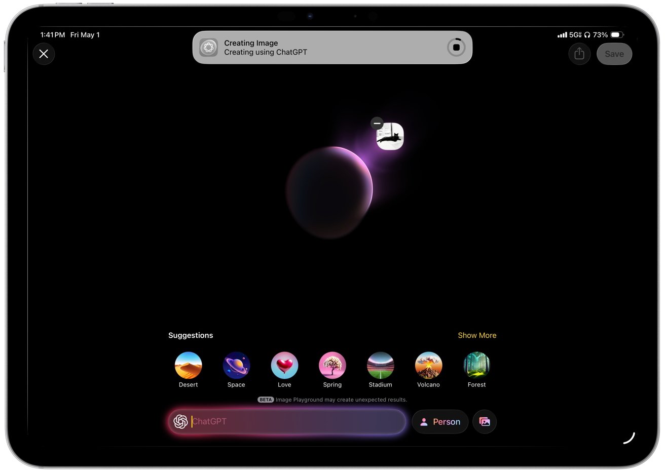 Tablet screen showing ChatGPT image creation interface, with a glowing purple planet on black background and circular suggestion icons like Desert, Space, Love, Spring, Stadium, Volcano, Forest along bottom.