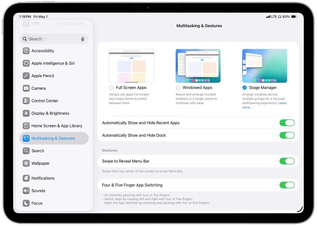 iPad settings screen showing Multitasking and Gestures options, with Stage Manager selected, various toggles enabled, and a sidebar listing categories like Accessibility, Display, and Home Screen