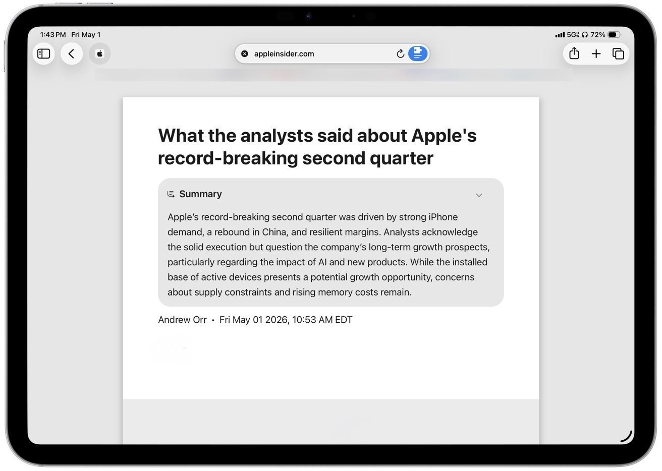 iPad screen showing a Safari article on AppleInsider titled What the analysts said about Apples record-breaking second quarter with a gray summary box and toolbar icons along the top