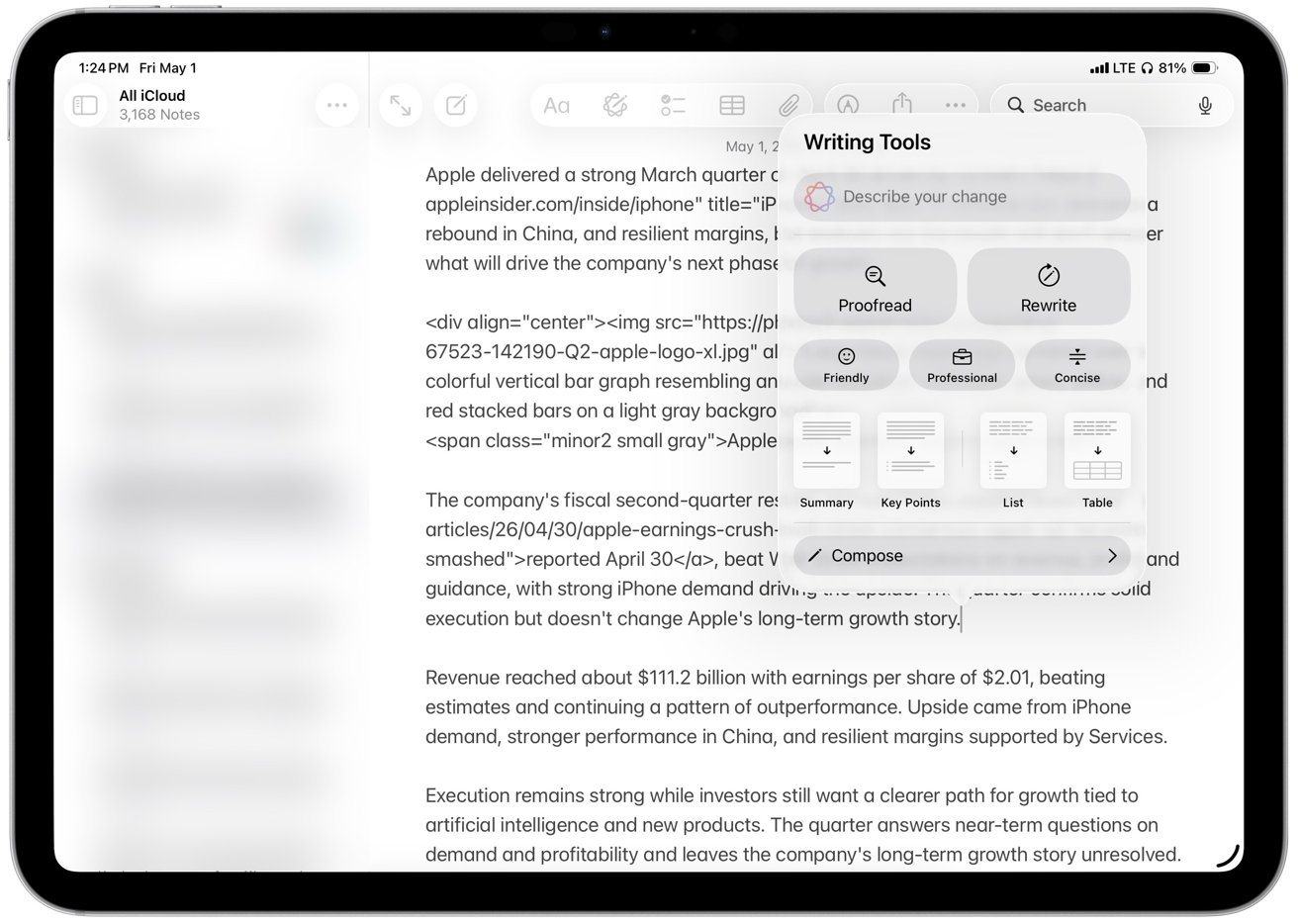 iPad screen showing a notes app with a long article draft, while a floating Writing Tools panel offers proofreading, rewriting, tone options, summaries, lists, tables, and compose controls