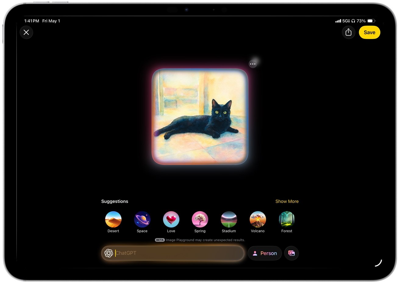Tablet screen showing a glowing, colorful digital painting of a black cat lying on a tiled floor indoors, surrounded by dark interface background and circular art style suggestions below