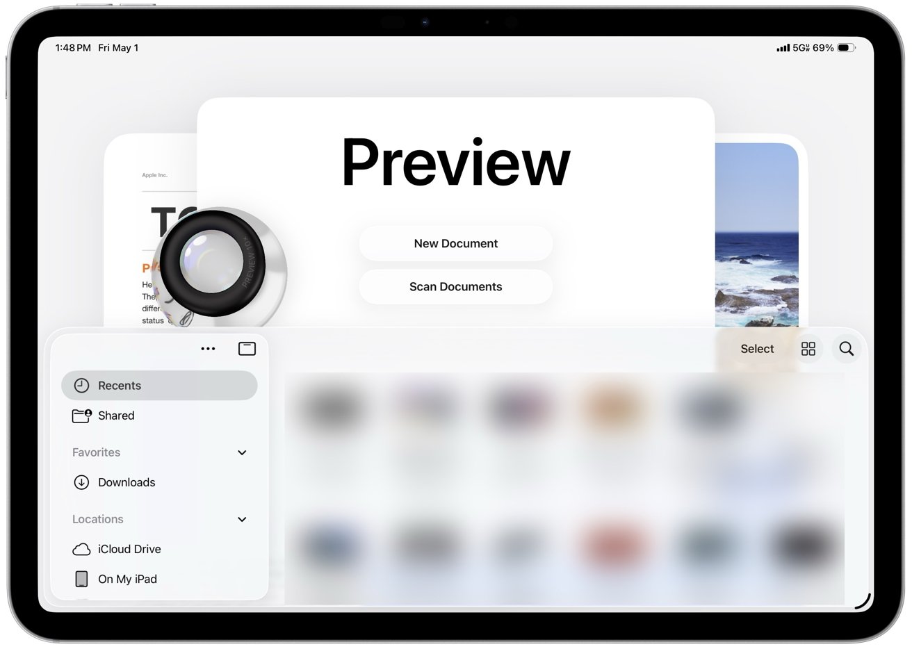 iPad screen displaying Preview app with large title, options for New Document and Scan Documents, a sidebar of file locations, blurred thumbnails, and a magnifying glass icon on the left