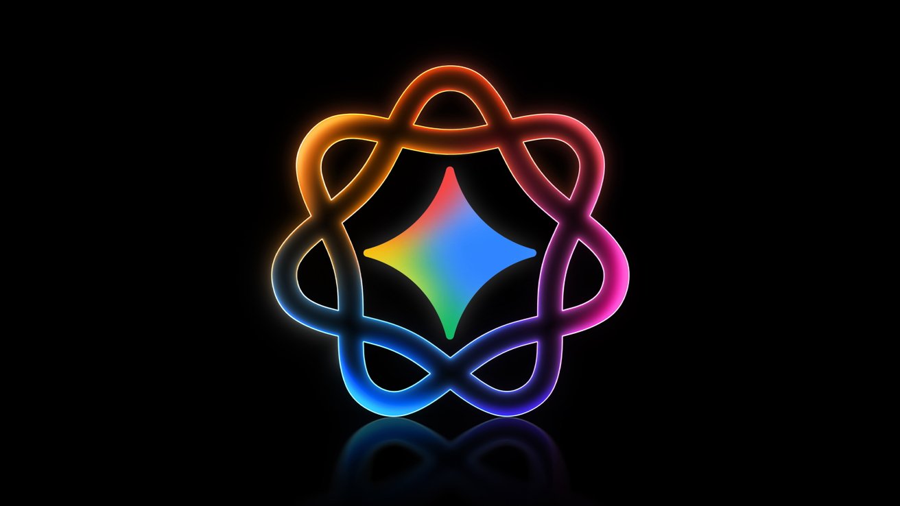 Glowing multicolor abstract logo on black background, with a looping neon ring forming petal shapes around a central four-pointed star gradient, reflected faintly below.