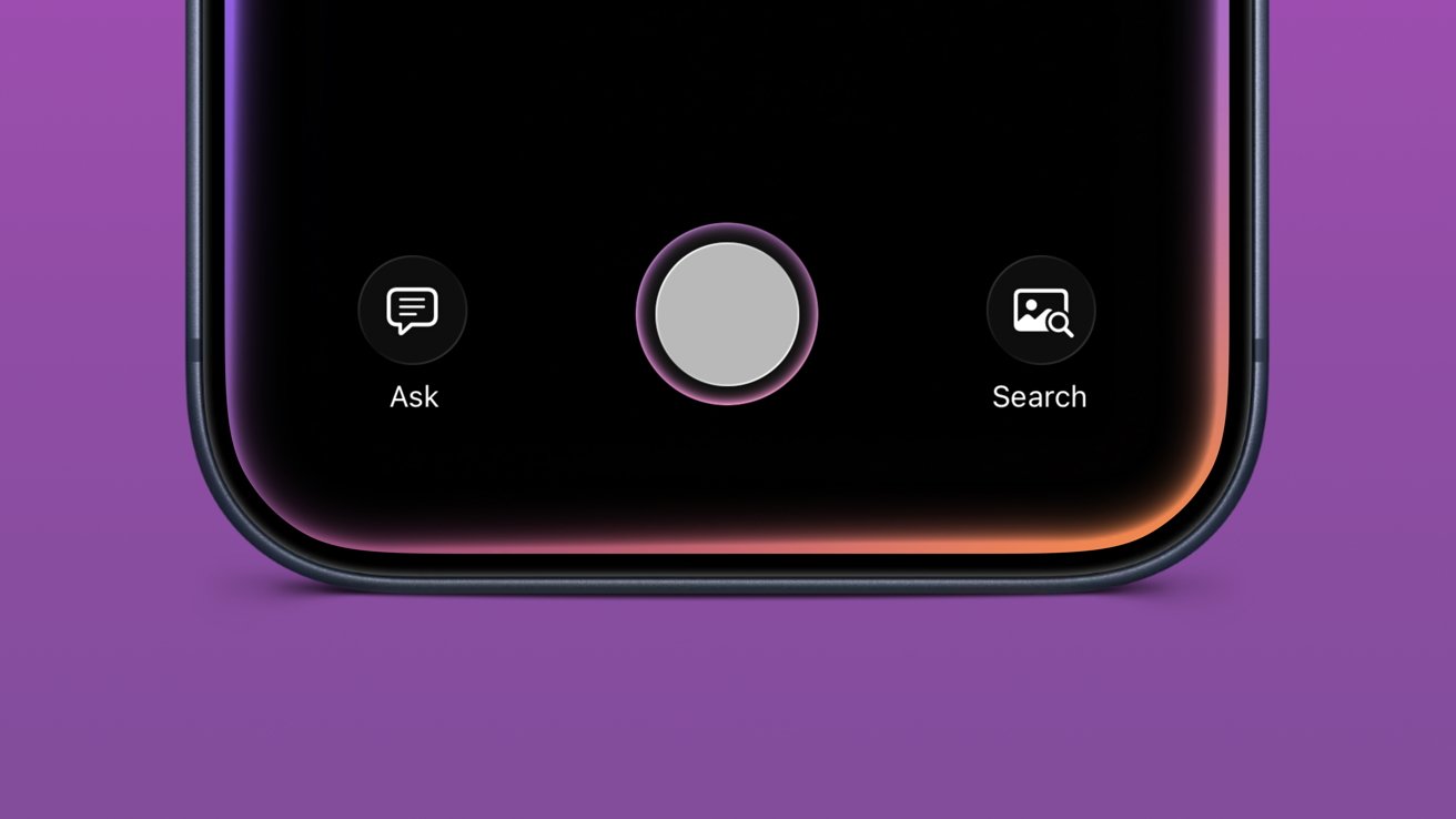 Close-up of an iPhone bottom screen showing a large central circular button, with smaller Ask and Search icons on either side, against a black interface and purple background