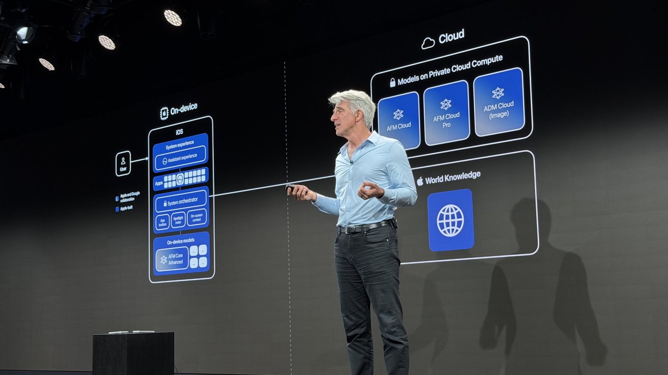 Man in blue shirt presenting onstage in front of large dark screen displaying diagrams about cloud computing and data flow, with spotlight lighting and audience area not visible