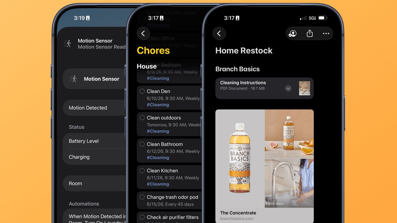Three smartphones displaying dark-mode home organization apps: a chores list, a motion sensor dashboard, and a home restock checklist with a cleaning product photo, all on an orange background