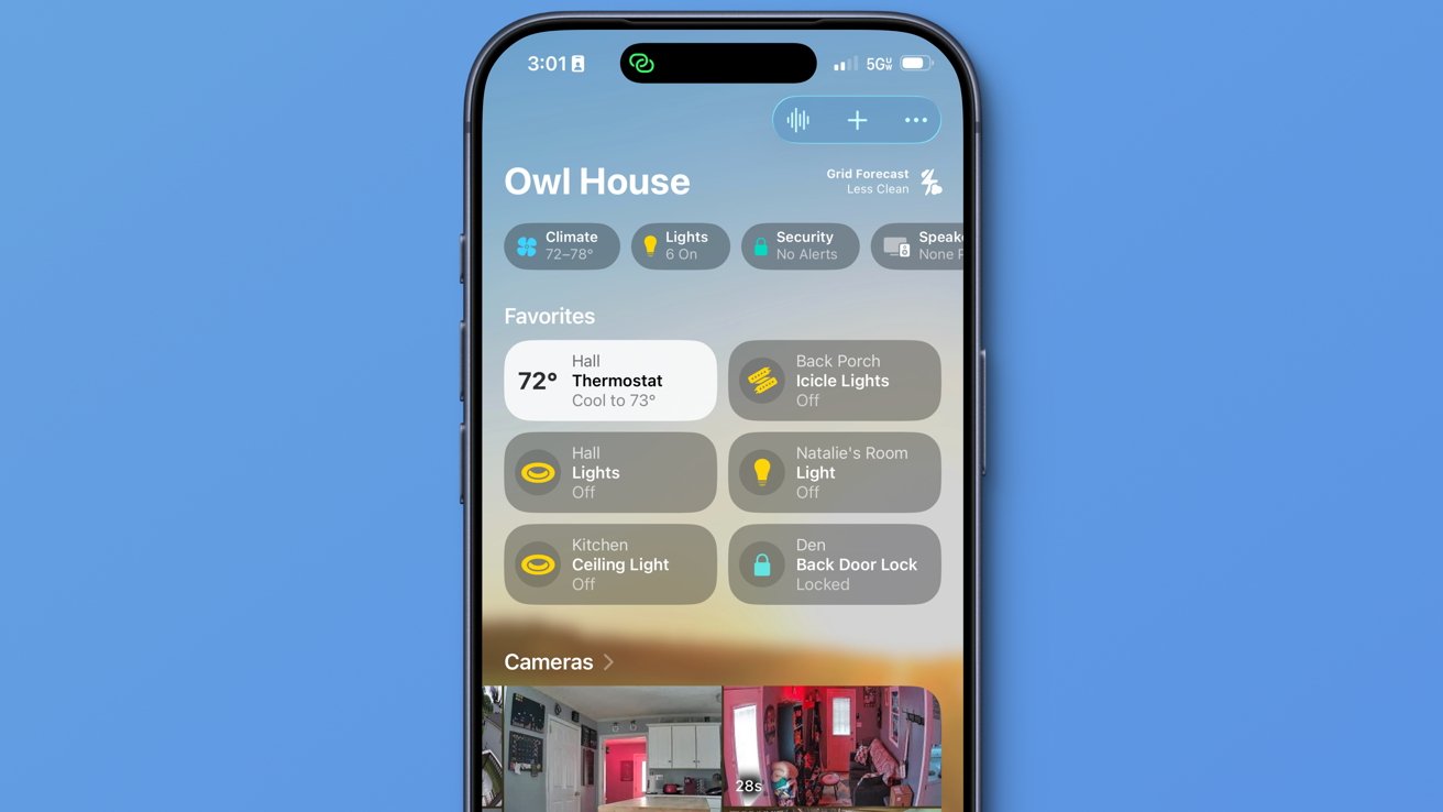 Smartphone displaying a home automation dashboard for Owl House, showing indoor temperature, lighting controls, security status, and live camera thumbnails against a blue background