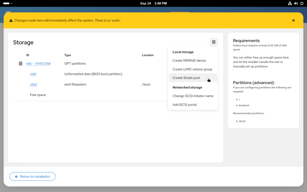 Local storage menu in the manual partitioning editor