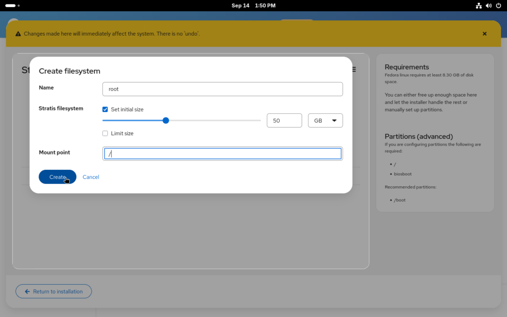 Creating Stratis filesystem in the manual partitioning