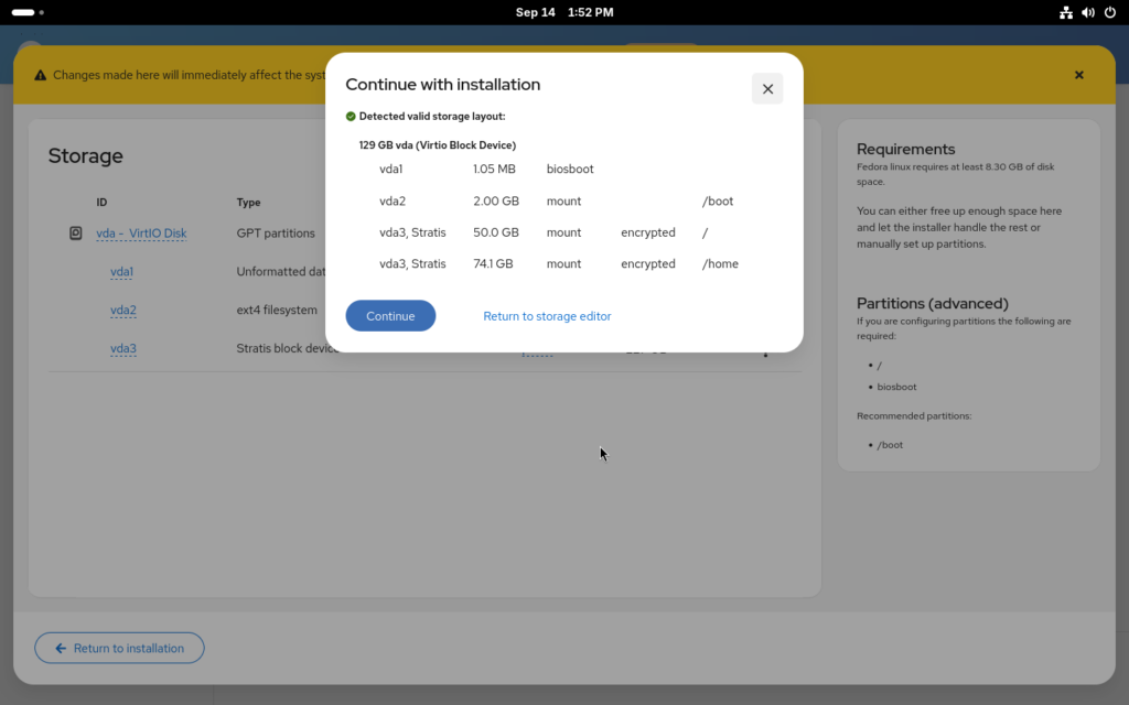 Confirmation dialog with validated storage layout in the manual partitioning